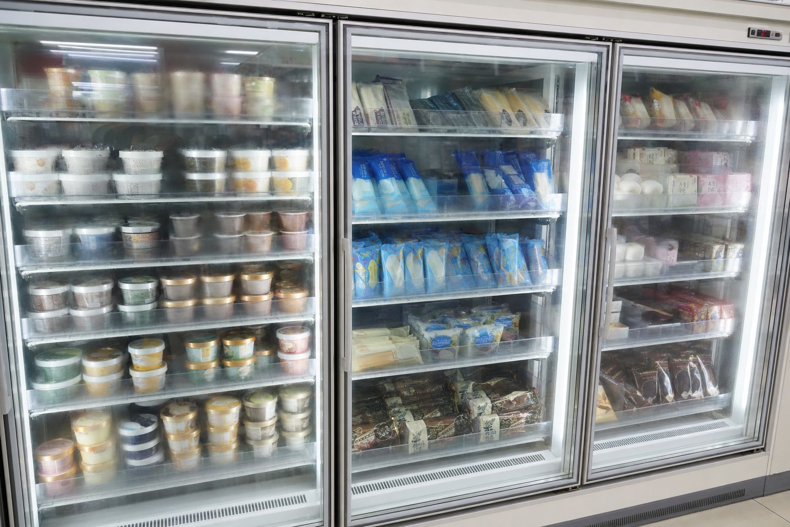 A convenience store freezer case in Japan filled with ice cream bars, cups, and Garigari-kun popsicles