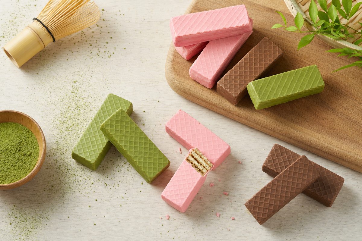 Chocolate wafer bars in matcha green, strawberry pink and chocolate brown on a wooden board