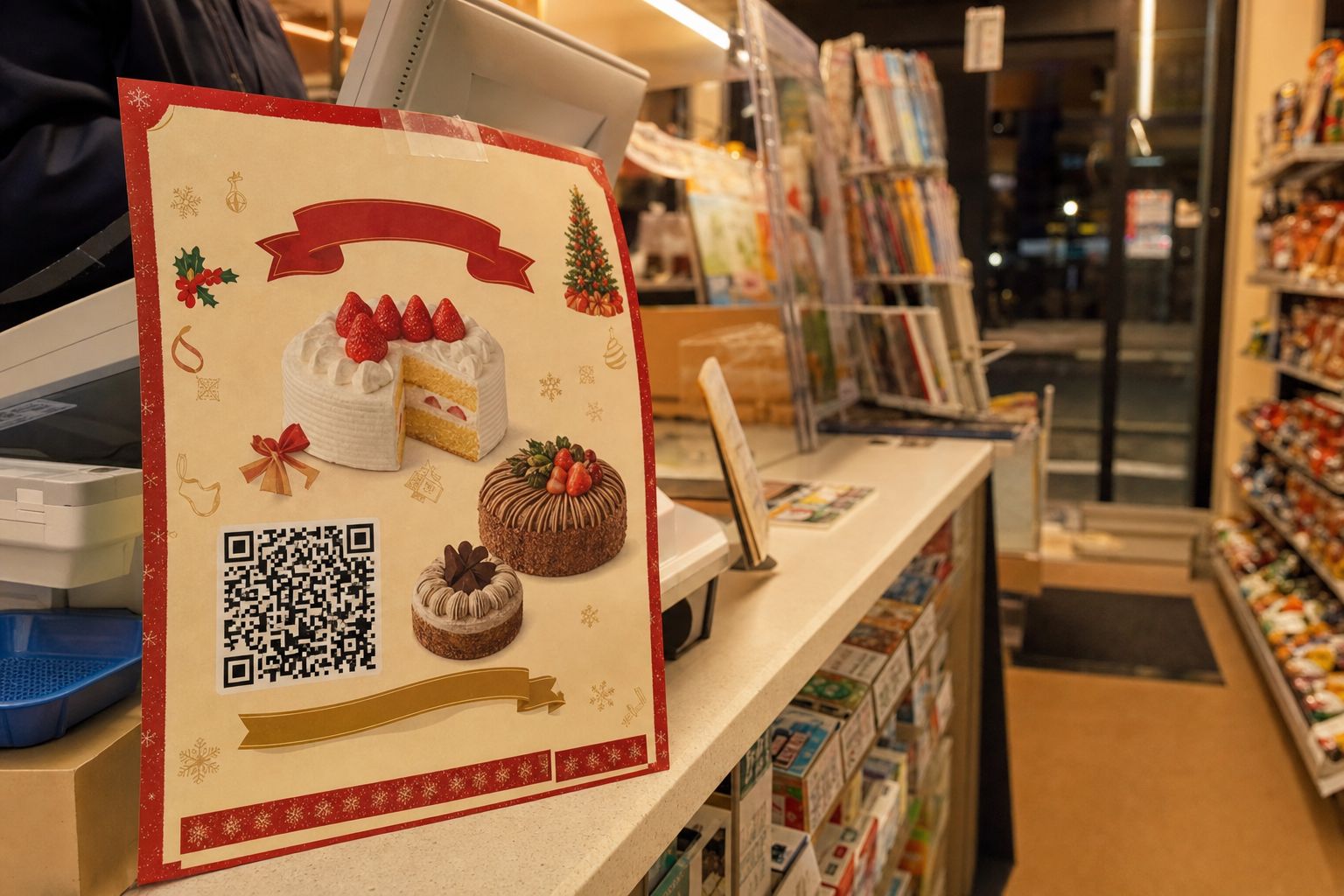 A Japanese convenience store checkout counter with a Christmas cake preorder flyer and QR code displayed near the register
