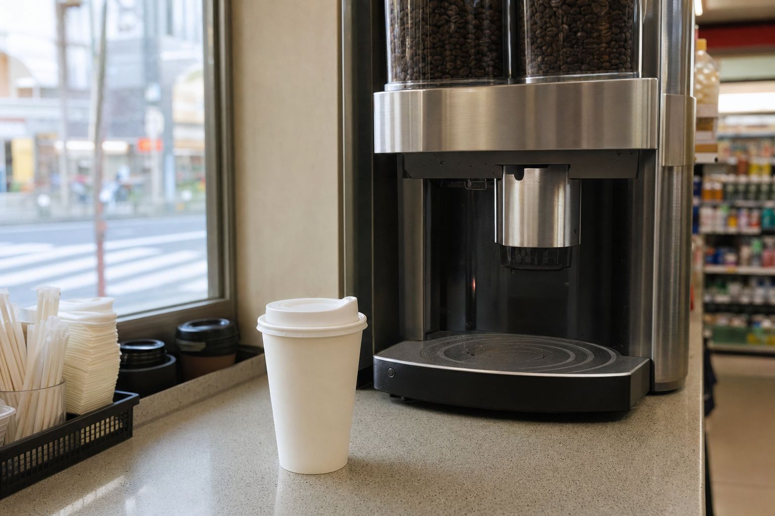 A paper cup of Japanese convenience store coffee on a counter next to a self-serve coffee machine