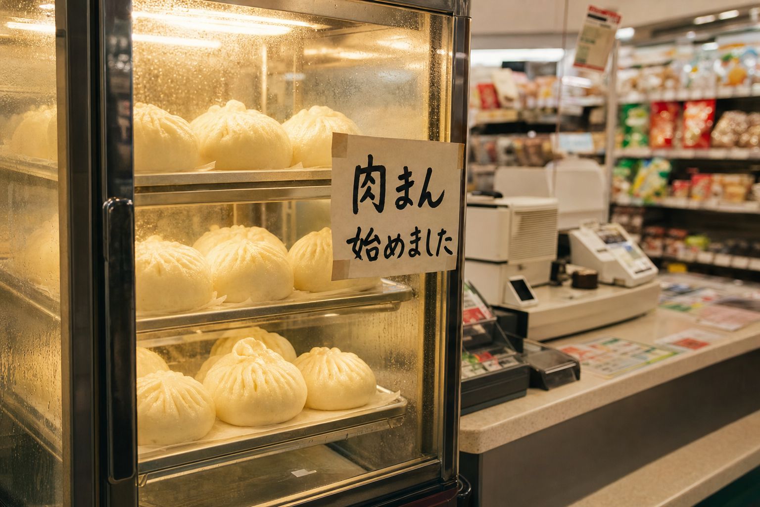 A heated glass case at a Japanese convenience store holding steamed white buns, with a handwritten sign advertising nikuman