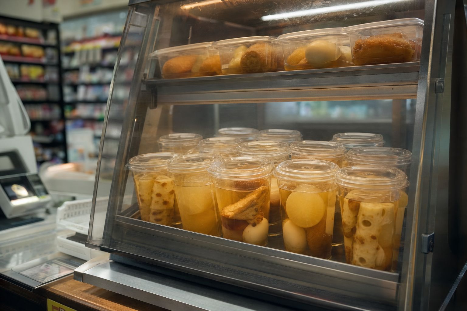 A convenience store oden counter in Japan with sealed cups of simmered daikon, eggs, and fish cakes on display near the register