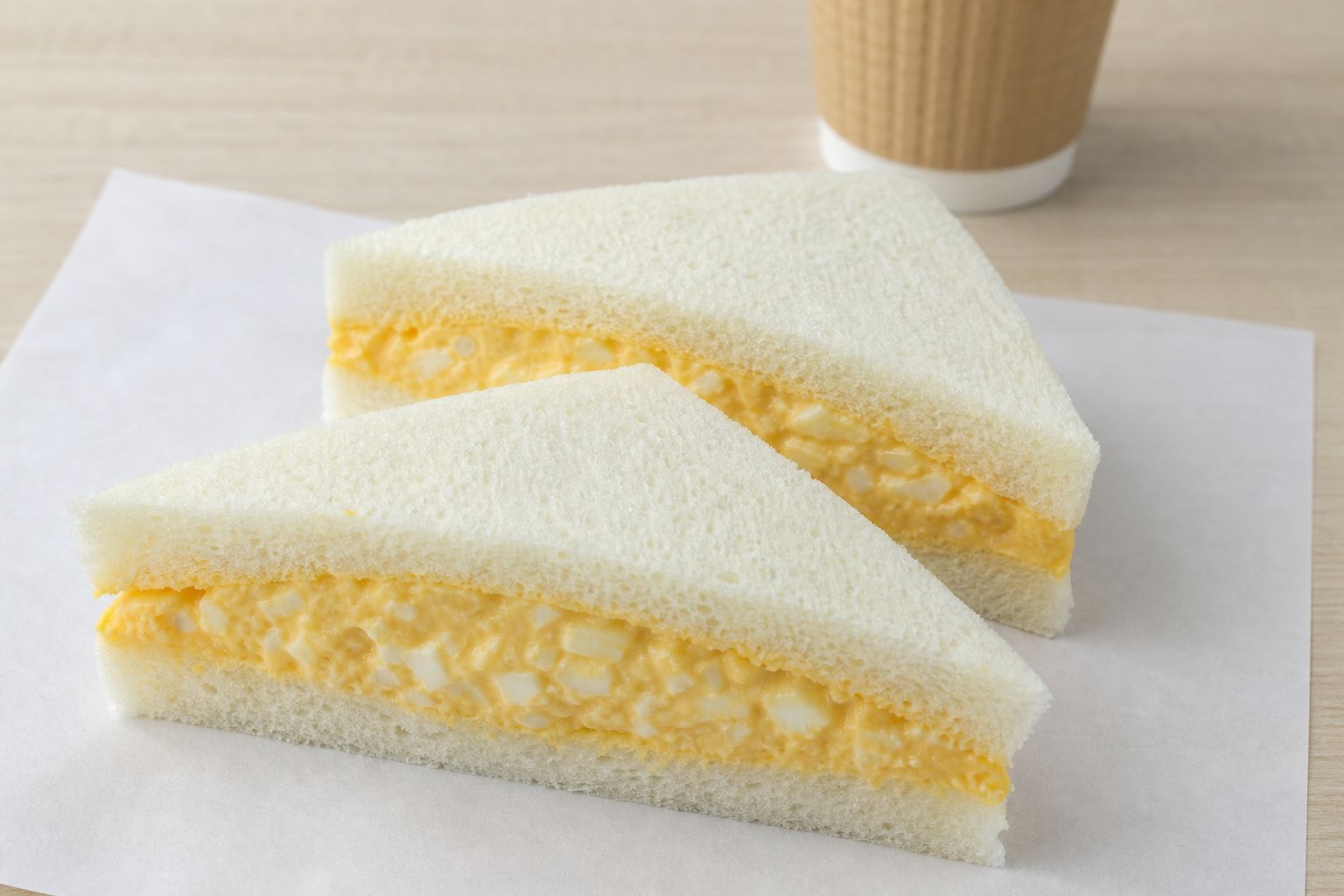A Japanese konbini egg sandwich cut into triangles, crustless white bread with thick egg salad filling